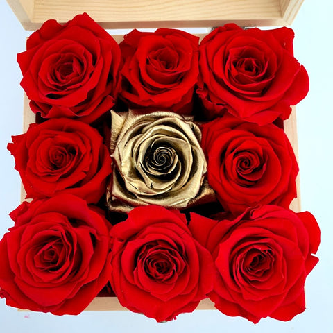 Boxes of Red and Gold Preserved Roses with Personalized Message in Toronto and Canada