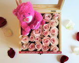 Box of pink roses with a teddy bear for valentine's day in Toronto